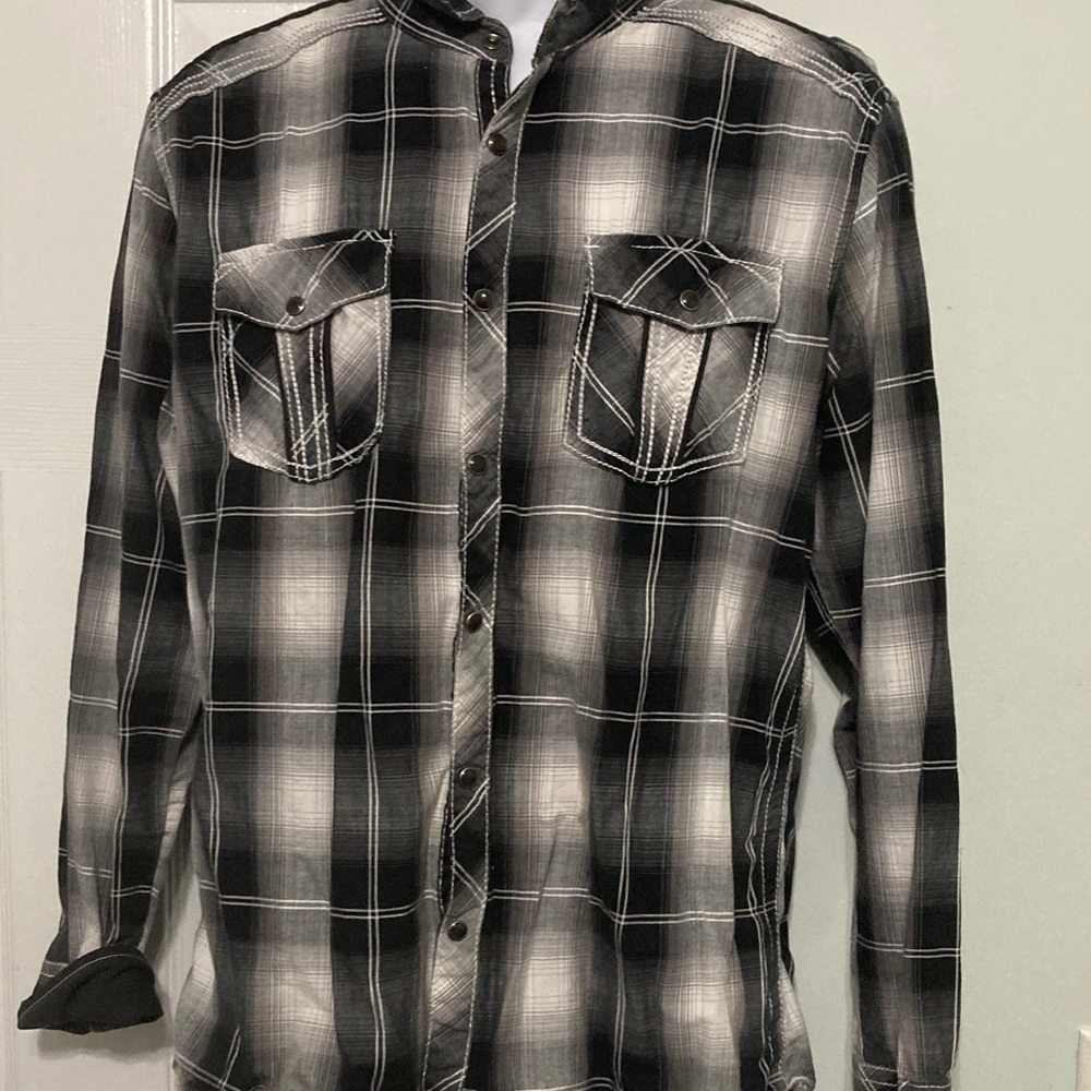 BKE Standard Fit Black and Gray Plaid Shirt black Pearl snap
